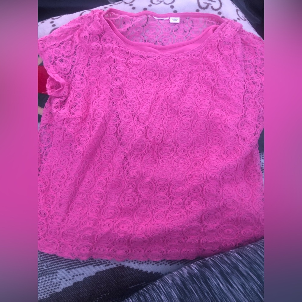 Pink top with sheer overlay attached